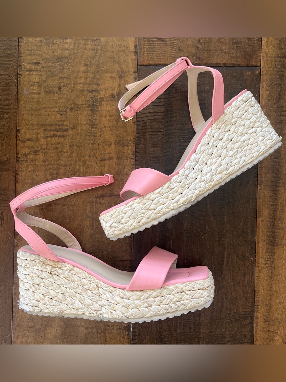 Just Fab Gaia pink faux leather espadrille wedge sandals with 3.5” heels sz 8.5